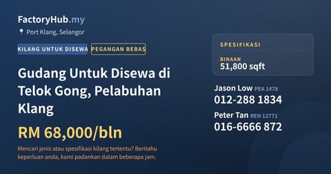 Kilang Untuk Disewa - Gudang Untuk Disewa di Telok Gong, Pelabuhan Klang - Port Klang, Selangor