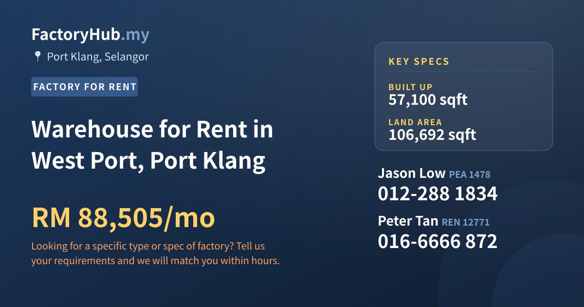 Factory For Rent - Warehouse for Rent in West Port, Port Klang - Port Klang, Selangor
