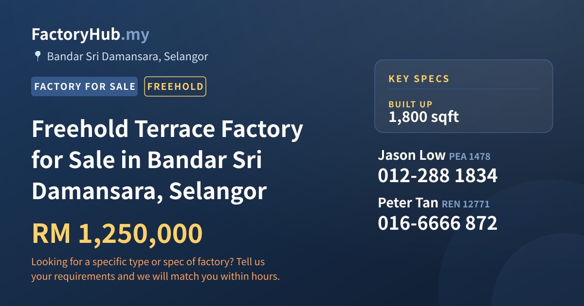 Factory For Sale - Freehold Terrace Factory for Sale in Bandar Sri Damansara, Selangor - Bandar Sri Damansara, Selangor