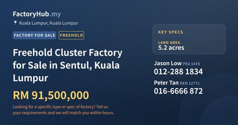 Factory For Sale - Freehold Cluster Factory for Sale in Sentul, Kuala Lumpur - Kuala Lumpur, Kuala Lumpur