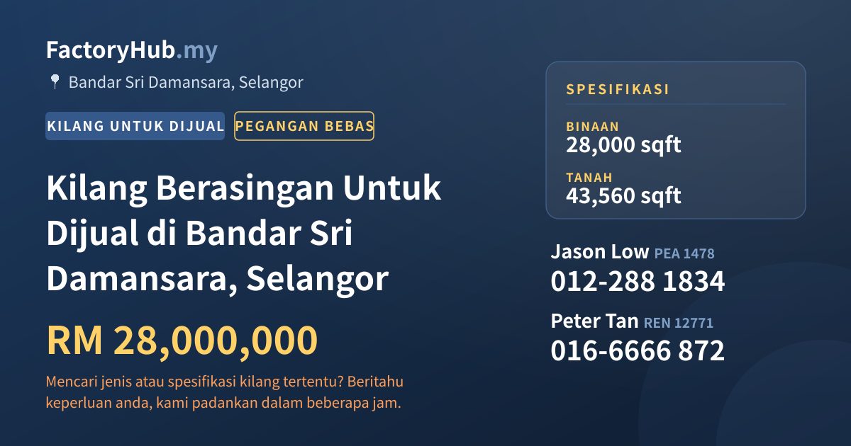 Kilang Untuk Dijual - Kilang Berasingan Untuk Dijual di Bandar Sri Damansara, Selangor - Bandar Sri Damansara, Selangor