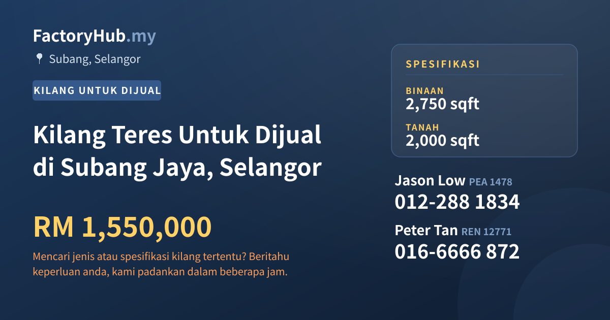 Kilang Untuk Dijual - Kilang Teres Untuk Dijual di Subang Jaya, Selangor - Subang, Selangor