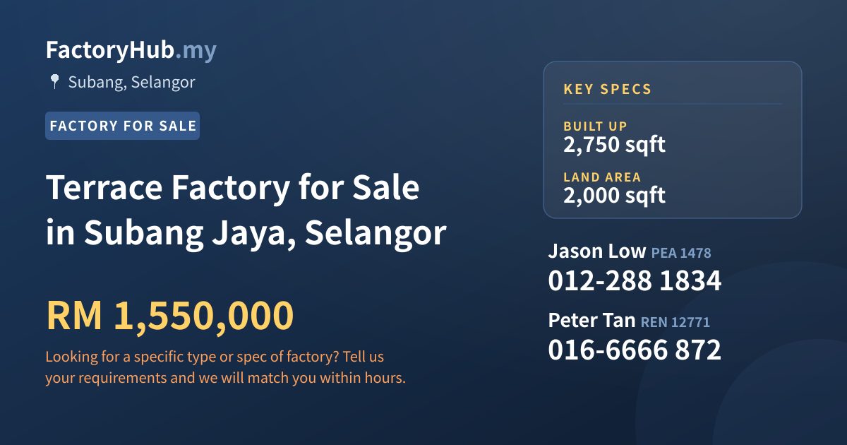 Factory For Sale - Terrace Factory for Sale in Subang Jaya, Selangor - Subang, Selangor