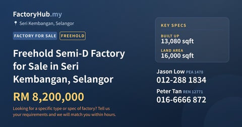 Factory For Sale - Freehold Semi-D Factory for Sale in Seri Kembangan, Selangor - Seri Kembangan, Selangor