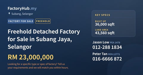 Factory For Sale - Freehold Detached Factory for Sale in Subang Jaya, Selangor - Subang, Selangor