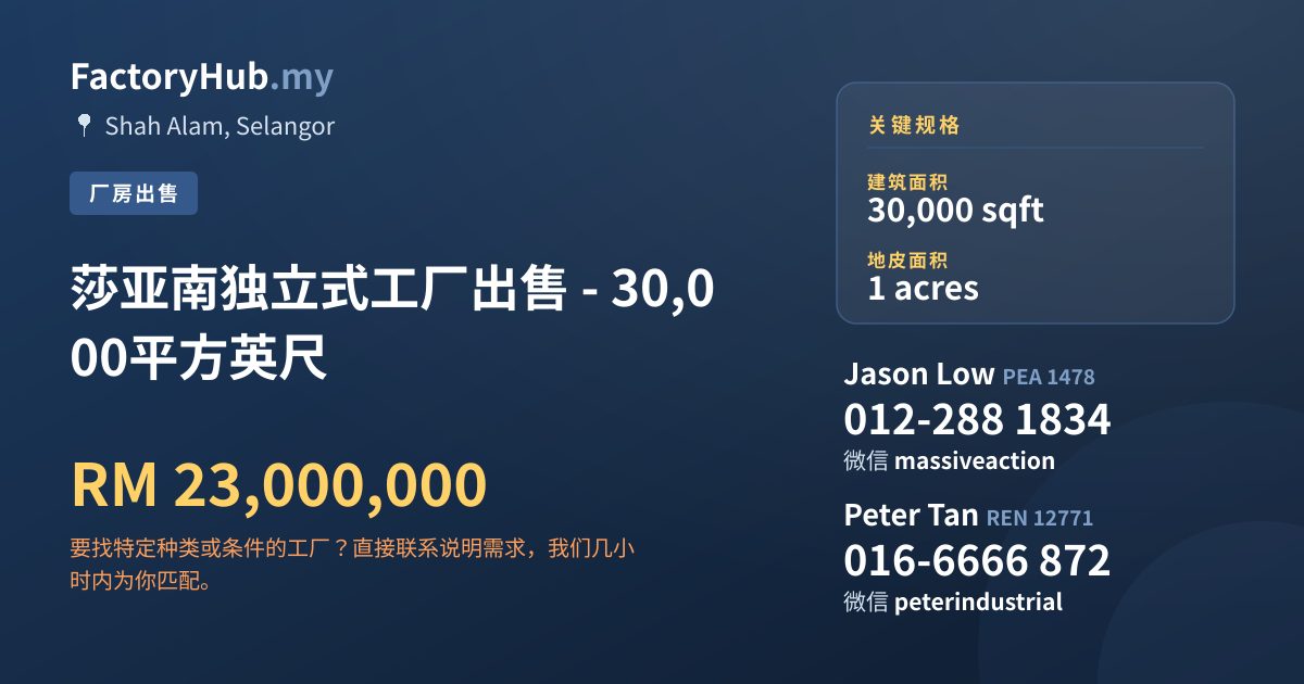 工厂 出售 - 莎亚南独立式工厂出售 - 30,000平方英尺 - Shah Alam, Selangor