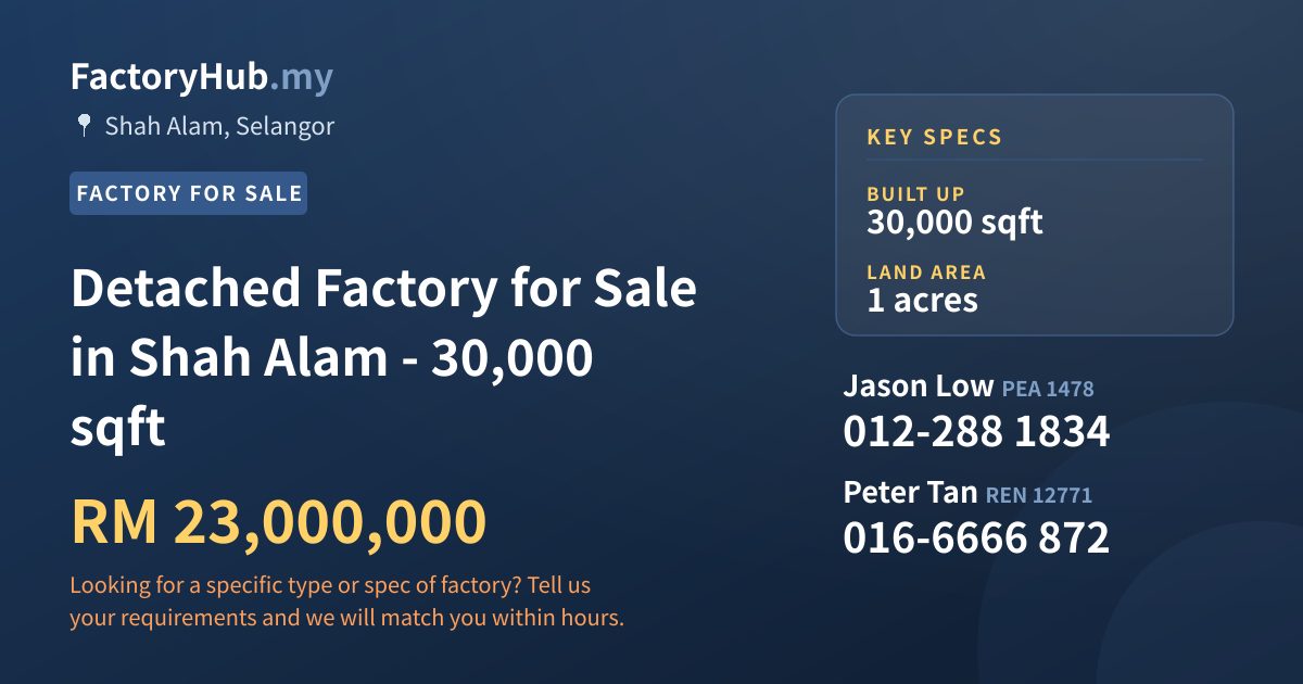 Factory For Sale - Detached Factory for Sale in Shah Alam - 30,000 sqft - Shah Alam, Selangor