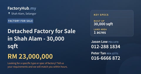 Factory For Sale - Detached Factory for Sale in Shah Alam - 30,000 sqft - Shah Alam, Selangor