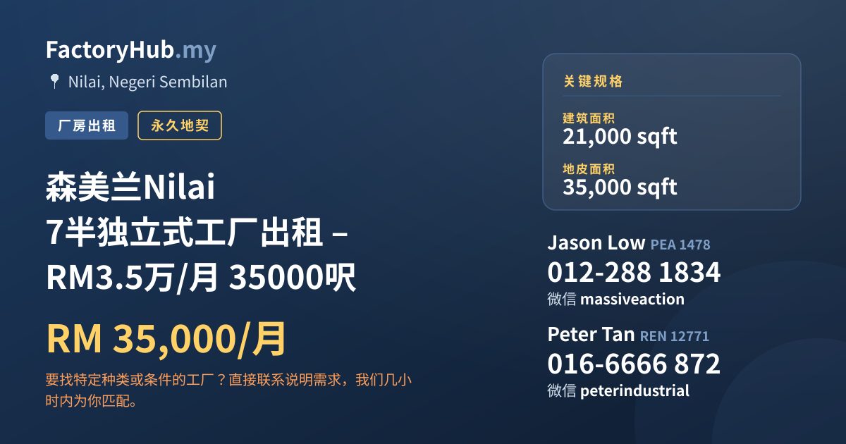 工厂 出租 - 森美兰Nilai 7半独立式工厂出租 – RM3.5万/月 35000呎 - Nilai, Negeri Sembilan