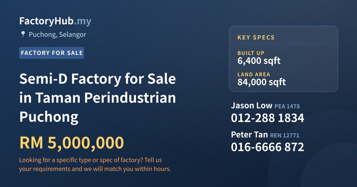 Factory For Sale - Semi-D Factory for Sale in Taman Perindustrian Puchong - Puchong, Selangor