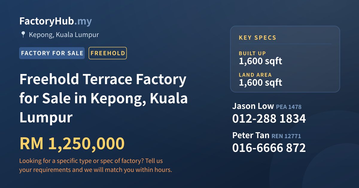 Factory For Sale - Freehold Terrace Factory for Sale in Kepong, Kuala Lumpur - Kepong, Kuala Lumpur