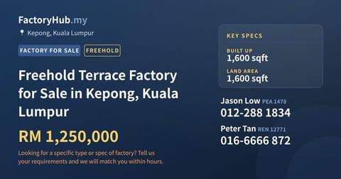 Factory For Sale - Freehold Terrace Factory for Sale in Kepong, Kuala Lumpur - Kepong, Kuala Lumpur