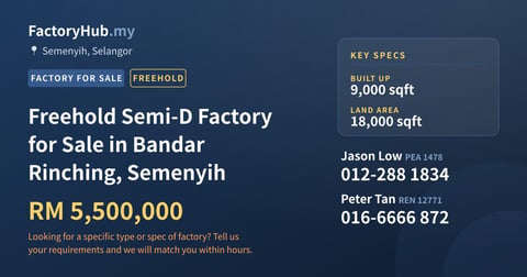Factory For Sale - Freehold Semi-D Factory for Sale in Bandar Rinching, Semenyih - Semenyih, Selangor