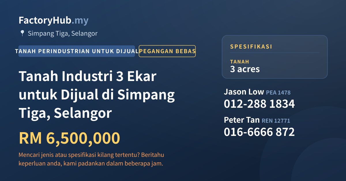 Tanah Untuk Dijual - Tanah Industri 3 Ekar untuk Dijual di Simpang Tiga, Selangor - Simpang Tiga, Selangor