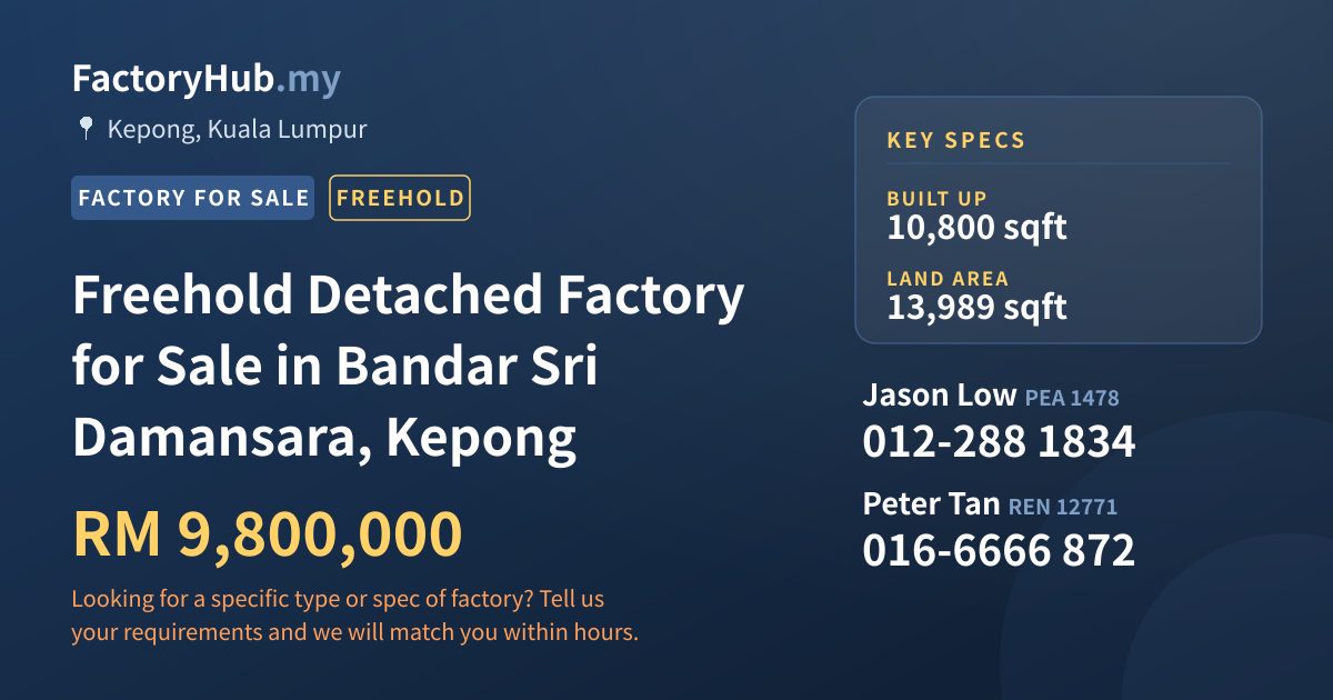 Factory For Sale - Freehold Detached Factory for Sale in Bandar Sri Damansara, Kepong - Kepong, Kuala Lumpur