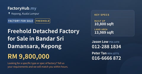Factory For Sale - Freehold Detached Factory for Sale in Bandar Sri Damansara, Kepong - Kepong, Kuala Lumpur