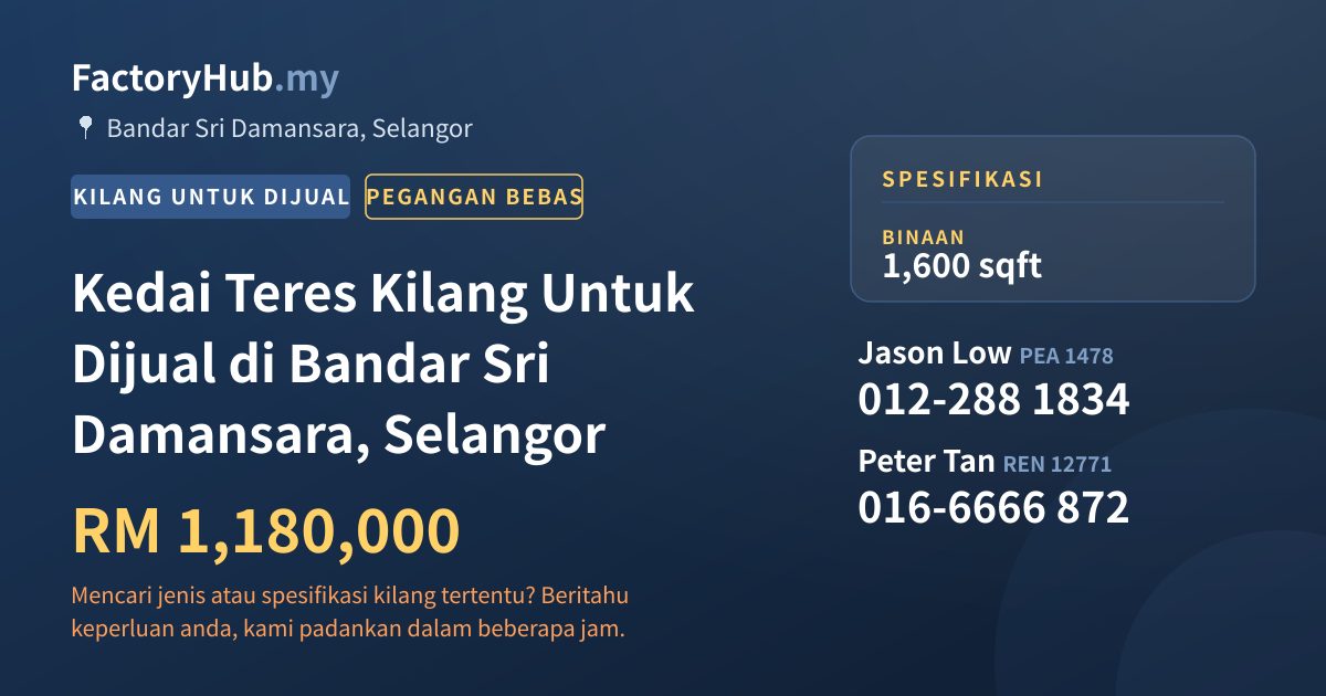 Kilang Untuk Dijual - Kedai Teres Kilang Untuk Dijual di Bandar Sri Damansara, Selangor - Bandar Sri Damansara, Selangor
