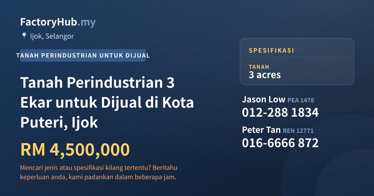 Tanah Untuk Dijual - Tanah Perindustrian 3 Ekar untuk Dijual di Kota Puteri, Ijok - Ijok, Selangor