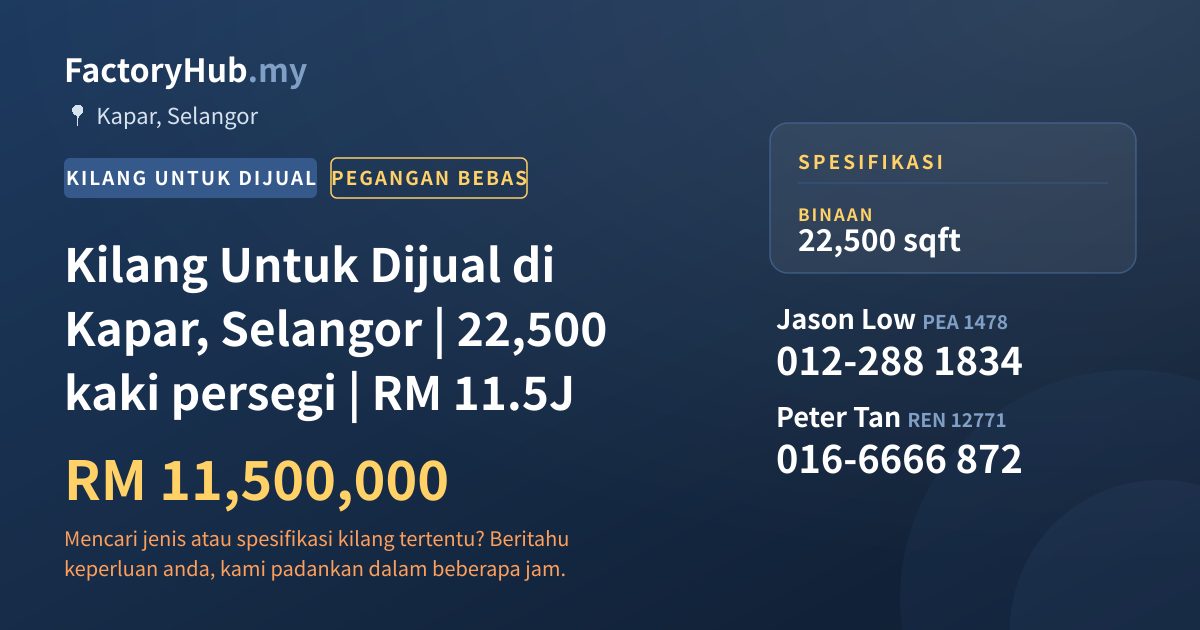 Kilang Untuk Dijual - Kilang Untuk Dijual di Kapar, Selangor | 22,500 kaki persegi | RM 11.5J - Kapar, Selangor
