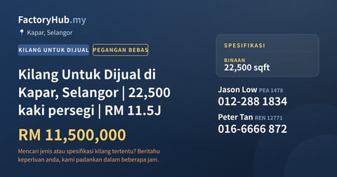 Kilang Untuk Dijual - Kilang Untuk Dijual di Kapar, Selangor | 22,500 kaki persegi | RM 11.5J - Kapar, Selangor