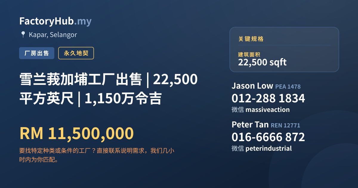 工厂 出售 - 雪兰莪加埔工厂出售 | 22,500 平方英尺 | 1,150万令吉 - Kapar, Selangor