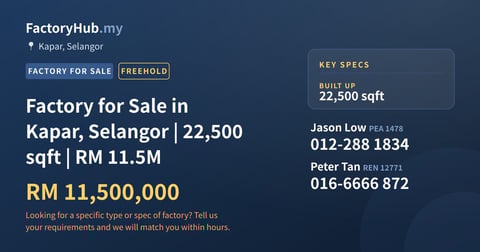Factory For Sale - Factory for Sale in Kapar, Selangor | 22,500 sqft | RM 11.5M - Kapar, Selangor