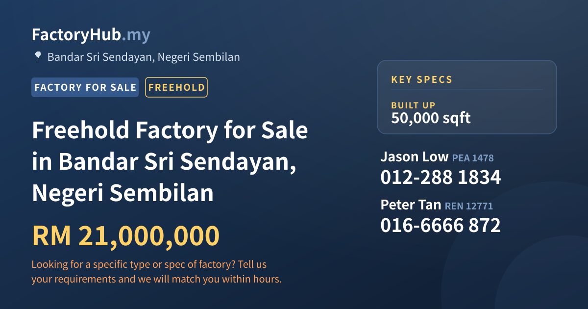 Factory For Sale - Freehold Factory for Sale in Bandar Sri Sendayan, Negeri Sembilan - Bandar Sri Sendayan, Negeri Sembilan
