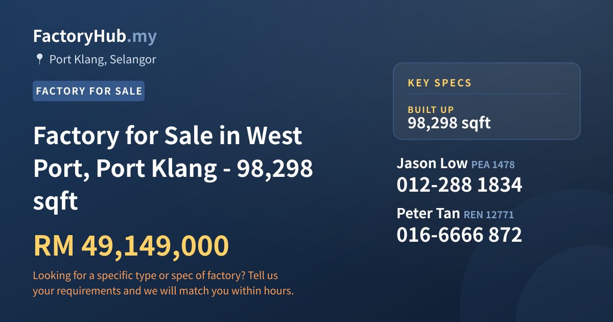 Factory For Sale - Factory for Sale in West Port, Port Klang - 98,298 sqft - Port Klang, Selangor
