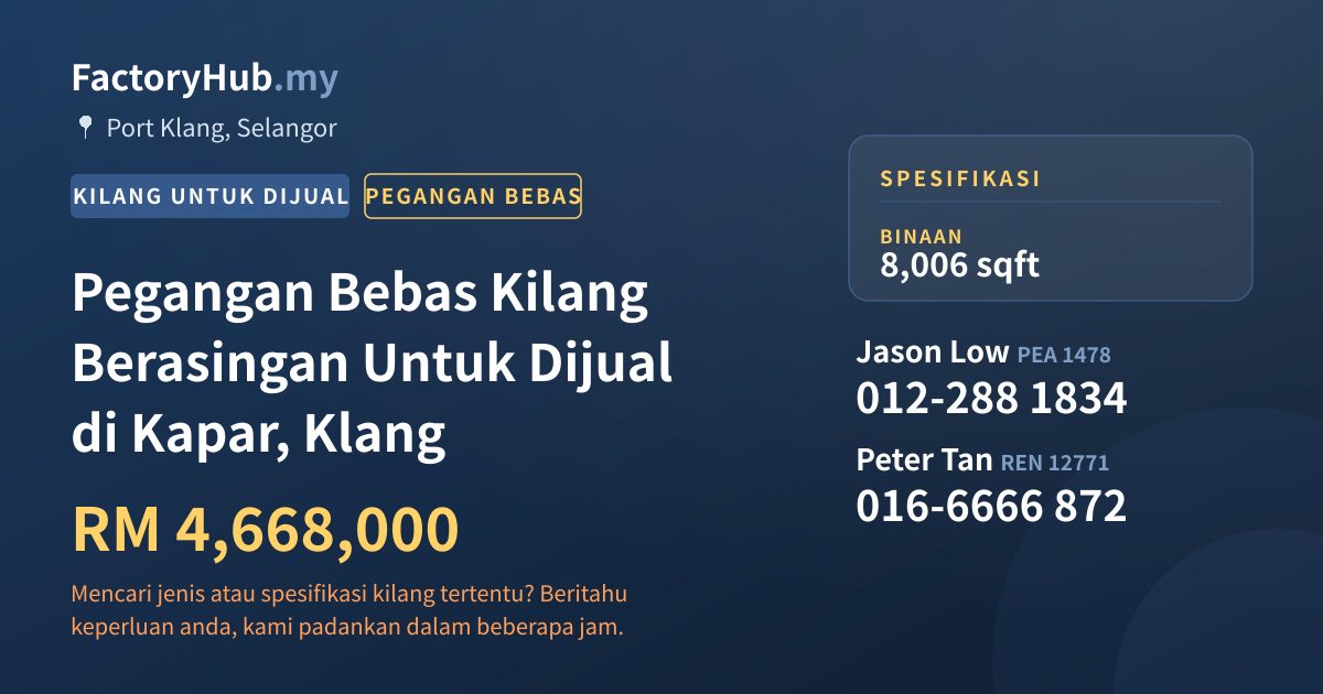 Kilang Untuk Dijual - Pegangan Bebas Kilang Berasingan Untuk Dijual di Kapar, Klang - Port Klang, Selangor