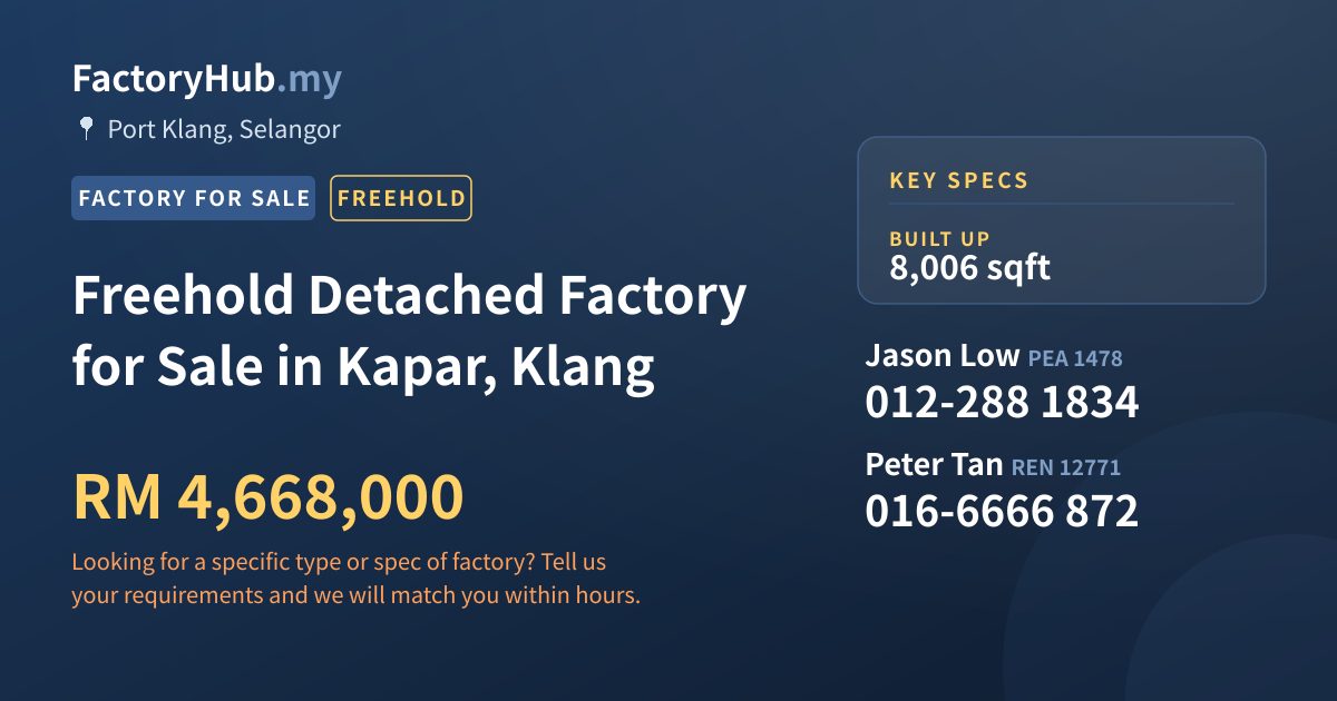 Factory For Sale - Freehold Detached Factory for Sale in Kapar, Klang - Port Klang, Selangor