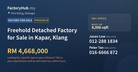 Factory For Sale - Freehold Detached Factory for Sale in Kapar, Klang - Port Klang, Selangor