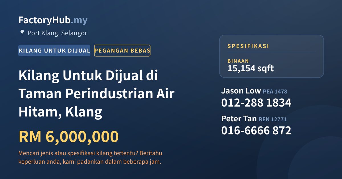 Kilang Untuk Dijual - Kilang Untuk Dijual di Taman Perindustrian Air Hitam, Klang - Port Klang, Selangor