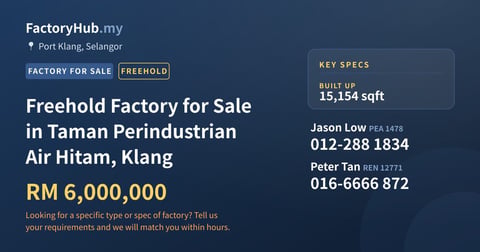 Factory For Sale - Freehold Factory for Sale in Taman Perindustrian Air Hitam, Klang - Port Klang, Selangor