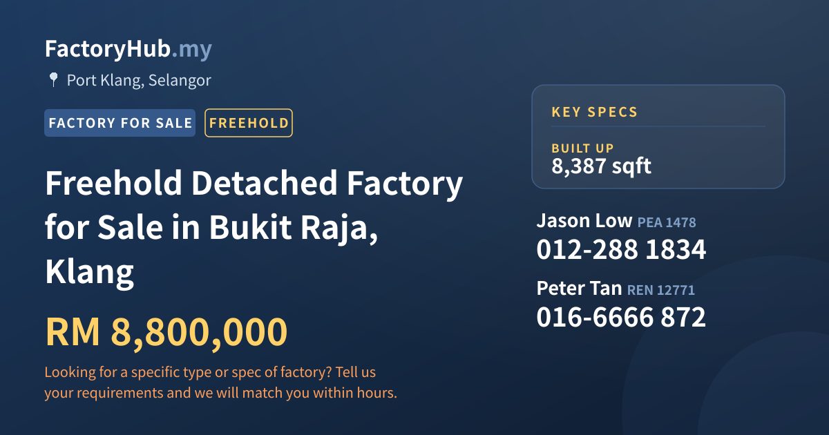 Factory For Sale - Freehold Detached Factory for Sale in Bukit Raja, Klang - Port Klang, Selangor