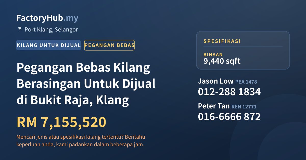 Kilang Untuk Dijual - Pegangan Bebas Kilang Berasingan Untuk Dijual di Bukit Raja, Klang - Port Klang, Selangor