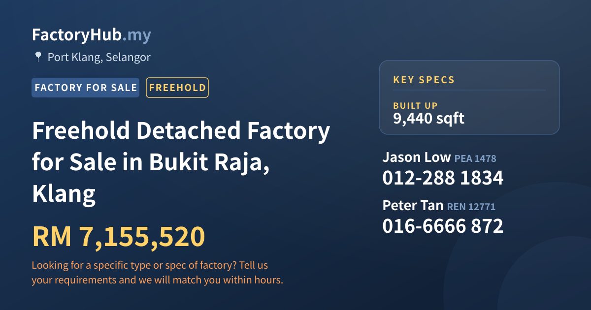 Factory For Sale - Freehold Detached Factory for Sale in Bukit Raja, Klang - Port Klang, Selangor