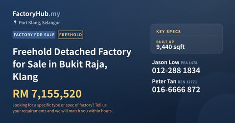 Factory For Sale - Freehold Detached Factory for Sale in Bukit Raja, Klang - Port Klang, Selangor