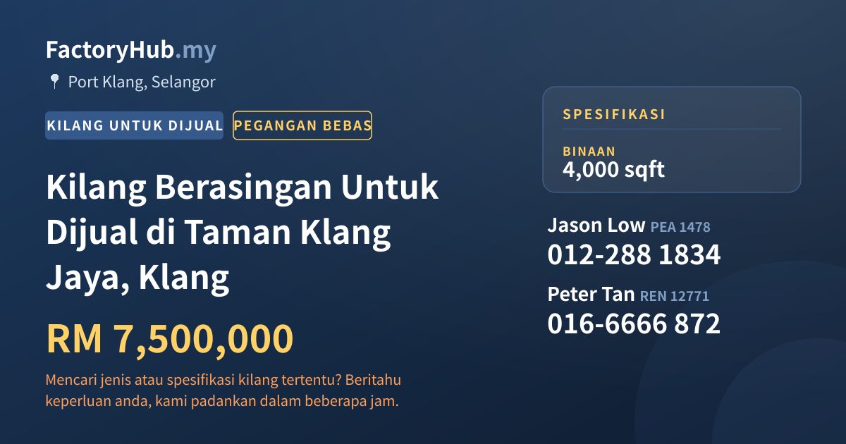 Kilang Untuk Dijual - Kilang Berasingan Untuk Dijual di Taman Klang Jaya, Klang - Port Klang, Selangor