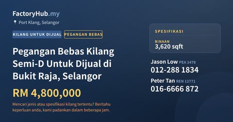 Kilang Untuk Dijual - Pegangan Bebas Kilang Semi-D Untuk Dijual di Bukit Raja, Selangor - Port Klang, Selangor