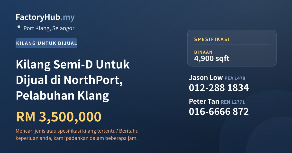 Kilang Untuk Dijual - Kilang Semi-D Untuk Dijual di NorthPort, Pelabuhan Klang - Port Klang, Selangor