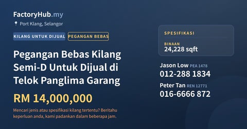 Kilang Untuk Dijual - Pegangan Bebas Kilang Semi-D Untuk Dijual di Telok Panglima Garang - Port Klang, Selangor
