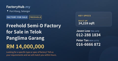 Factory For Sale - Freehold Semi-D Factory for Sale in Telok Panglima Garang - Port Klang, Selangor