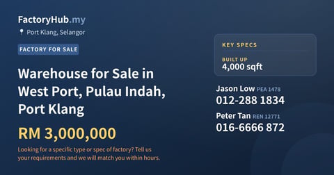 Factory For Sale - Warehouse for Sale in West Port, Pulau Indah, Port Klang - Port Klang, Selangor
