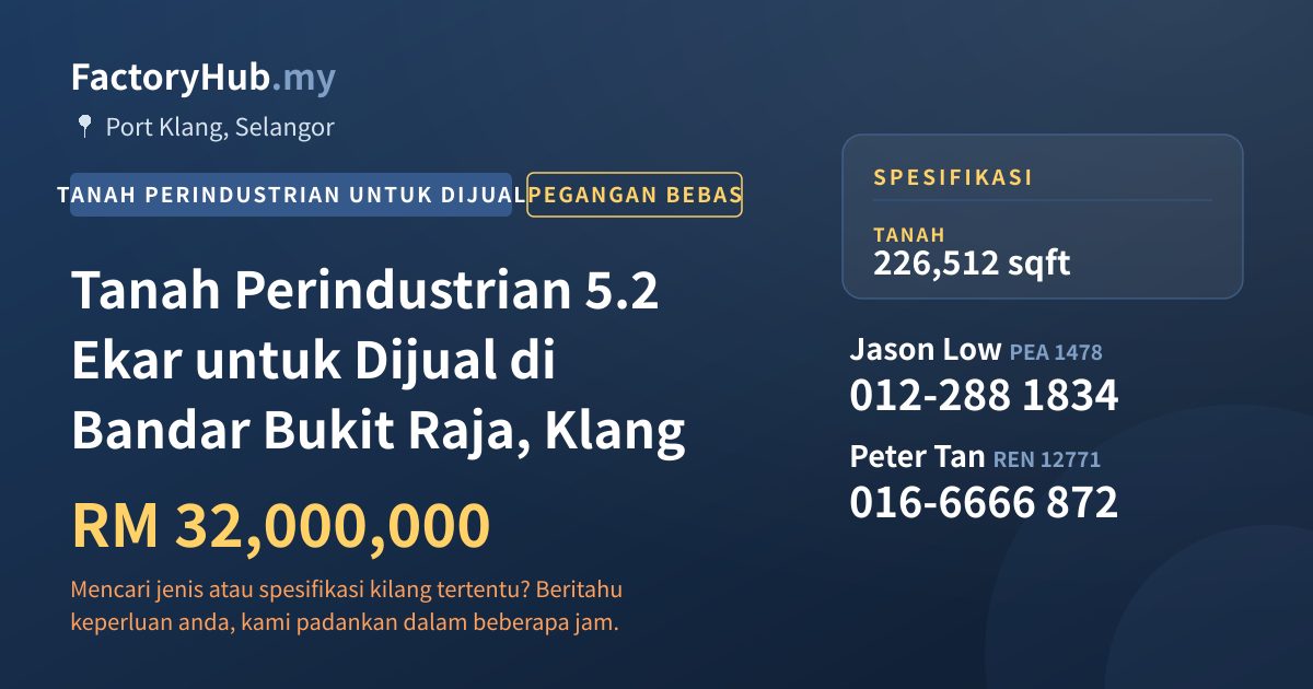 Tanah Untuk Dijual - Tanah Perindustrian 5.2 Ekar untuk Dijual di Bandar Bukit Raja, Klang - Port Klang, Selangor