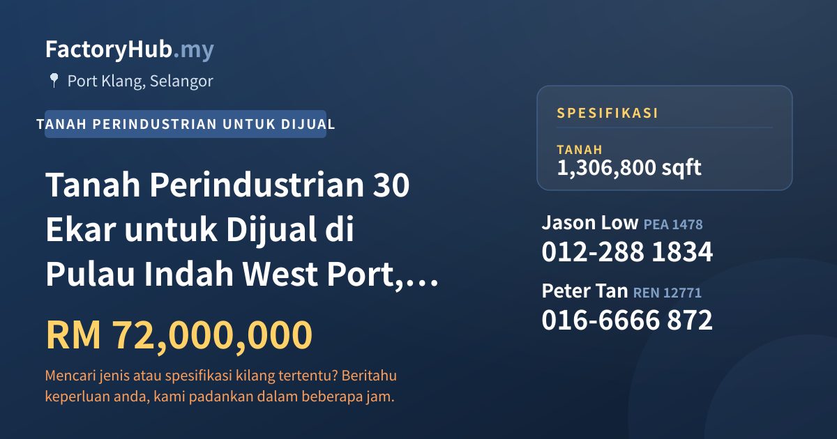 Tanah Untuk Dijual - Tanah Perindustrian 30 Ekar untuk Dijual di Pulau Indah West Port, Pelabuhan Klang - Port Klang, Selangor