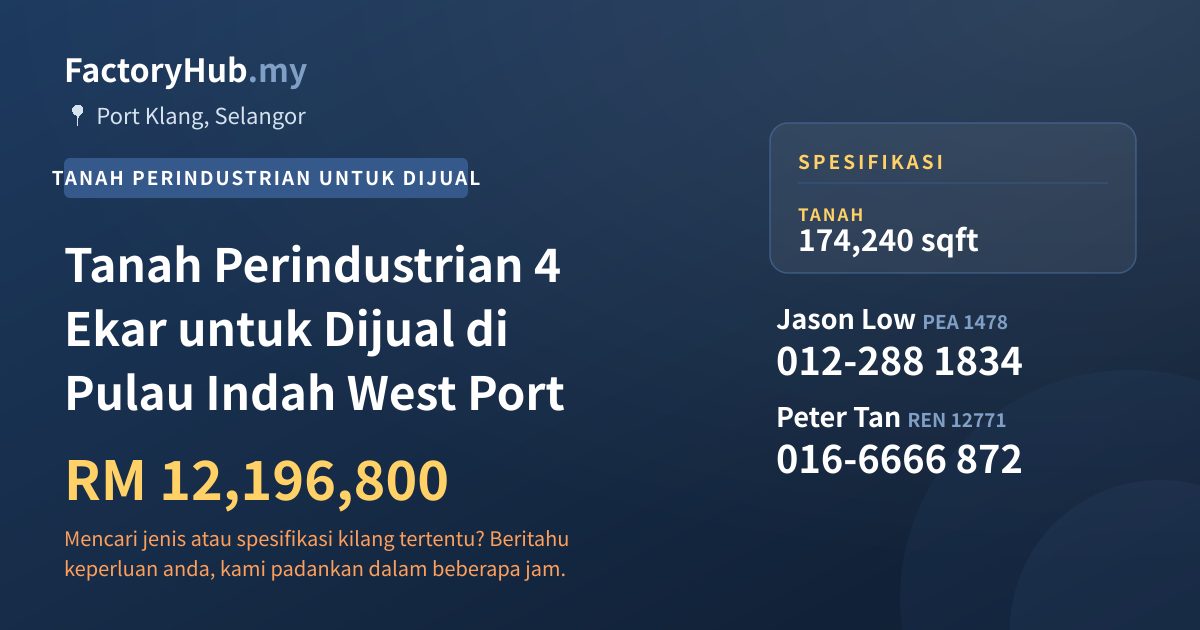 Tanah Untuk Dijual - Tanah Perindustrian 4 Ekar untuk Dijual di Pulau Indah West Port - Port Klang, Selangor