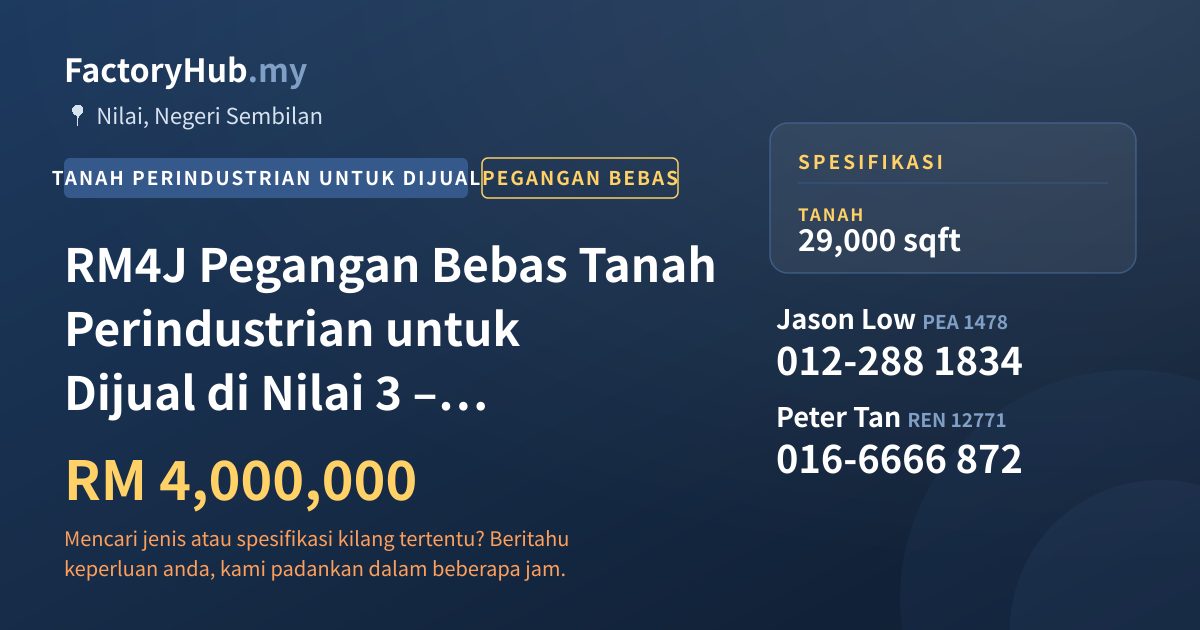 Tanah Untuk Dijual - RM4J Pegangan Bebas Tanah Perindustrian untuk Dijual di Nilai 3 – 29000kp - Nilai, Negeri Sembilan