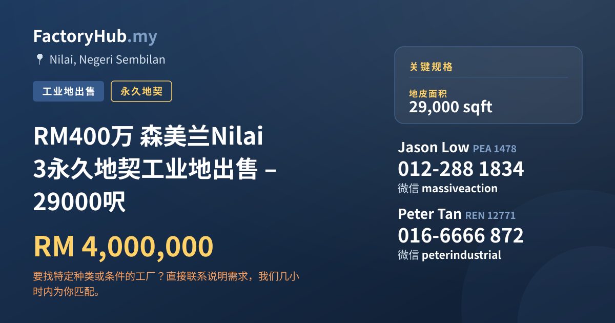 土地 出售 - RM400万 森美兰Nilai 3永久地契工业地出售 – 29000呎 - Nilai, Negeri Sembilan