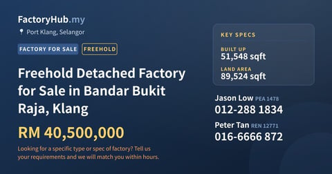 Factory For Sale - Freehold Detached Factory for Sale in Bandar Bukit Raja, Klang - Port Klang, Selangor