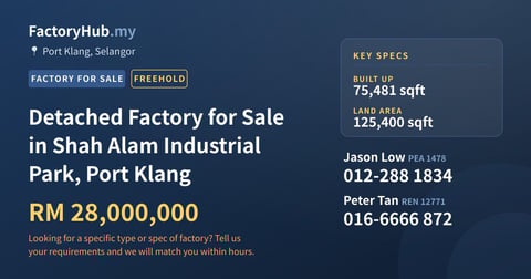 Factory For Sale - Detached Factory for Sale in Shah Alam Industrial Park, Port Klang - Port Klang, Selangor